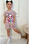 PJKSKT Süslü Ayıcık Desenli Bej Şortlu Kız Çocuk Kısa Kol Takım 7573-B