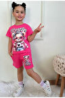 PJKSKT Süslü Ayıcık Desenli Fuşya Şortlu Kız Çocuk Kısa Kol Takım 7573-F