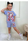 PJKSKT Süslü Ayıcık Desenli Lila Şortlu Kız Çocuk Kısa Kol Takım 7573-L