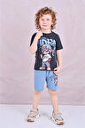 PJKSKT Rapçı Çocuk Desenli Mavi Şortlu Erkek Çocuk Kısa Kol Takım 7584-M