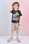 PJKSKT Lego Desenli Bej Şortlu Erkek Çocuk Kısa Kol Takım 7606-B