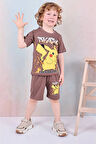 PJKSKT Pikachu Desenli Kahverengi Şortlu Erkek Çocuk Kısa Kol Takım 7609-K