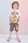 PJKSKT Garfield Desenli Kahverengi Şortlu Erkek Çocuk Kısa Kol Takım 7612-K
