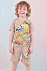 PJKSKT Simpson Desenli Bej Şortlu Erkek Çocuk Kısa Kol Takım 7616-B