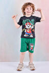 PJKSKT Cool Ayıcık Desenli Yeşil Şortlu Erkek Çocuk Kısa Kol Takım 7627-Y