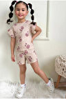 PJKSKT Çiçek Desen Bej Fitilli Kumaş Fırfırlı Kollu Şortlu Kız Çocuk Kısa Kol Takım 7634-B