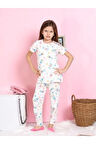 ELMKP Ekru Robot Desen Fitilli Kumaş Kız Çocuk Pijama Takımı 3-10 Yaş 1111