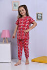 ELMKP Kırmızı Kedicik Desen Kız Çocuk Pijama Takımı 3-10 Yaş 1173