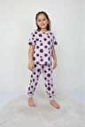 İSOB Lila Çiçek Desenli %100 Pamuk Kız Çocuk Kısa Kollu Pijama Takımı 3-8 Yaş 21209-L