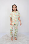 İSOB Yeşil Çiçek Desenli %100 Pamuk Kız Çocuk Kısa Kollu Pijama Takımı 3-8 Yaş 21210-Y