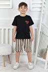 İSOB Siyah Çizgi Desenli %100 Pamuk Erkek Çocuk Kısa Kollu Şortlu Takım 3-8 Yaş 24414-S
