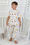 İSOB Ekru Hayvanlar Alemi Desenli %100 Pamuk Erkek Çocuk Kısa Kollu Pijama Takımı 3-8 Yaş 41216-E