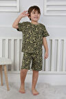 İSOB Yeşil Gülen Surat Desenli %100 Pamuk Erkek Çocuk Kısa Kollu Şortlu Takım 3-8 Yaş 41302-Y