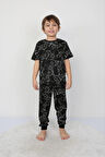 İSOB Siyah Atary Desenli %100 Pamuk Erkek Çocuk Kısa Kollu Pijama Takımı 3-8 Yaş 41306-S