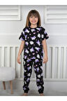 İSOB Siyah Kuromi Desenli %100 Pamuk Kız Çocuk Kısa Kollu Pijama Takımı 3-13 Yaş 41213-41413