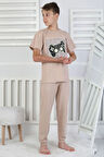 İSOB Bej Atary Desenli %100 Pamuk Kısa Kollu Erkek Çocuk Pijama Takımı 8-13 Yaş 41517-BE