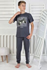 İSOB Füme Atary Desenli %100 Pamuk Kısa Kollu Erkek Çocuk Pijama Takımı 8-13 Yaş 41517-F