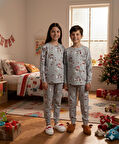 İSOB Gri Yeni Yıl Desenli İnterlok %100 Pamuk Unisex Kız ve Erkek Çocuk Pijama Takımı 3-13 Yaş 4226-G