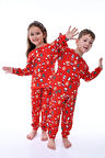 İSOB Kırmızı Yeni Yıl Desenli İnterlok %100 Pamuk Unisex Kız ve Erkek Çocuk Pijama Takımı 3-13 Yaş 4226-K