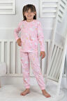 İSOB Pembe Gökkuşağı Desenli %100 Pamuk Kız Çocuk Pijama Takımı 3-8 Yaş 51207-P
