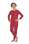 ELMP Kırmızı Yeniyıl Dinazorlu %100 Pamuk Unisex Çocuk Pijama Takımı 1-3 Yaş 4001