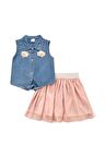 Tüllü Etekli Çiçekli Kot Kız Bebek Takım Mavi