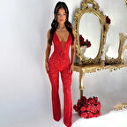Lace Jumpsuit With Skinny Flared Legs Red