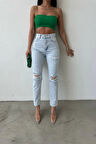 Premium Yırtık Detay Buz Mavi Mom Jeans