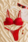 Taş Detaylı Kırmızı Push Up Sütyen Takımı