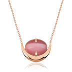 925 Ayar Gümüş Pembe Kedi Gözü Taşlı Hilal Kolye