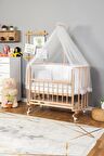 Ahşap Anne yanı 60x120 bebek beşiği Organik (Boyasız) Papatya Bebek Beşiği Beyaz Güpür Uyku Setli