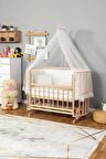 Ahşap Anne yanı 60x120 bebek beşiği Organik (Boyasız) Papatya Bebek Beşiği Krem Güpür Uyku Setli