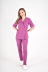 Açık Mor Elegant Model Cerrahi Üniforma Belden Bağlamalı Scrubs Takım