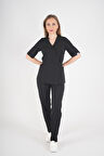 Siyah Elegant Model Cerrahi Üniforma Belden Bağlamalı Scrubs Takım