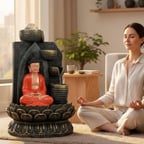 Dekoratif Büyük Şelaleli LED Işıklı Buddha Masaüstü Dekoratif Su Çeşmesi – Akan Su Efektli Feng Shui