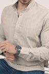 Sütlü Kahve Hakim Yaka Üç Düğmeli Slimfit Keten Gömlek