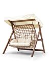 Girne Swing Ahşap Rattan Salıncak Dış Mekan Bahçe Balkon Ve Teras Salıncağı Krem