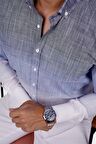 Panolu Mavi Gri Geçişli Keten Slimfit Erkek Gömlek