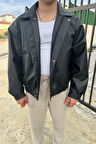 Oversize Vintage Erkek Siyah Deri Ceket