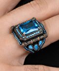 Aquamarine Taşlı Zirkon Taş Süslemeli 925 Ayar Gümüş Erkek Yüzüğü 