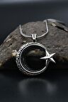 Ay Yıldızlı (Ay Yıldız) Zirkon Taş Süslemeli Kolye Gümüş Zincir 925 Ayar