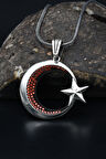 Ay Yıldızlı (AYYILDIZLI) Kırmızı Zirkon Taş Süslemeli 925 Ayar Gümüş Kolye Zincir 901109