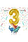 Altın Renk Rakam Balonlu Küçük Boy Dinozor Balonlu 3 Yaş Dinozor Konsept Doğum Günü Parti Balon Set