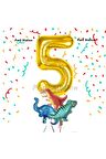Altın Renk Rakam Balonlu Küçük Boy Dinozor Balonlu 5 Yaş Dinozor Konsept Doğum Günü Parti Balon Set