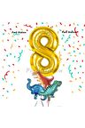 Altın Renk Rakam Balonlu Küçük Boy Dinozor Balonlu 8 Yaş Dinozor Konsept Doğum Günü Parti Balon Set