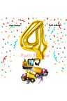 Altın Renk Rakam Balon Küçük Boy İnşaat Balonlu 4 Yaş İnşaat Kamyon Konspet Doğum Günü Balon Set