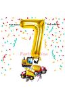 Altın Renk Rakam Balon Küçük Boy İnşaat Balonlu 7 Yaş İnşaat Kamyon Konspet Doğum Günü Balon Set