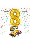 Altın Renk Rakam Balon Küçük Boy İnşaat Balonlu 8 Yaş İnşaat Kamyon Konspet Doğum Günü Balon Set