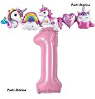 Pembe Renk Rakam Balonlu Unicorn 1 Yaş Doğum Günü Parti Balon Set Pembe Renk Unicorn Tema Parti Seti