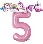 Pembe Renk Rakam Balonlu Unicorn 5 Yaş Doğum Günü Parti Balon Set Pembe Renk Unicorn Tema Parti Seti